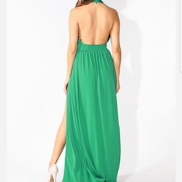 Green Double Slit Open Back Formal Dress - Picture 6 of 6